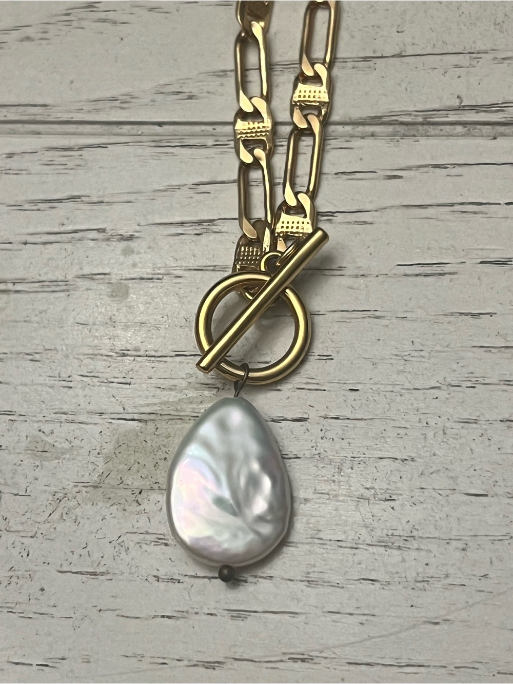 Gold Tone Baroque Pearl Toggle Clasp Necklace